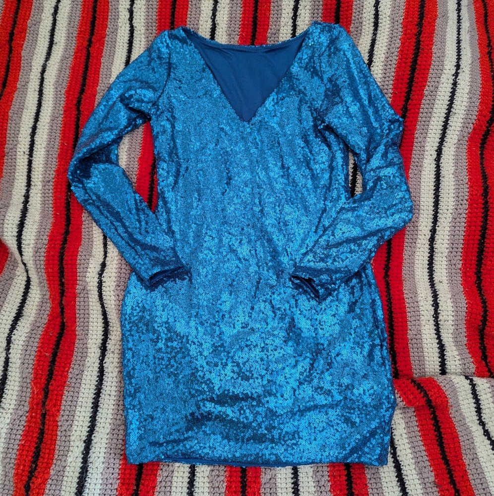 Black Milk Sparkle Sparkle Blue Sequin Long Sleeve Dress BNWT Size S